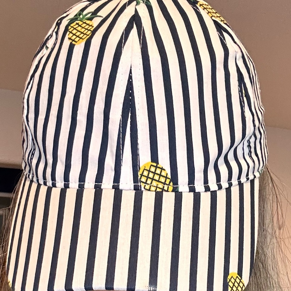 August Hat Co. Striped Pineapple Baseball Cap Navy White Yellow Summer Sun Hat - Picture 2 of 9